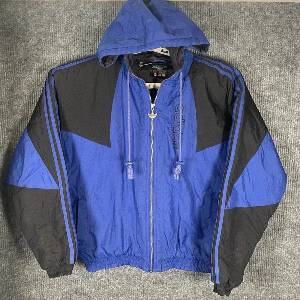 Vintage Adidas Originals Trefoil Hooded Windbreaker Jacket Men's M Blue Black